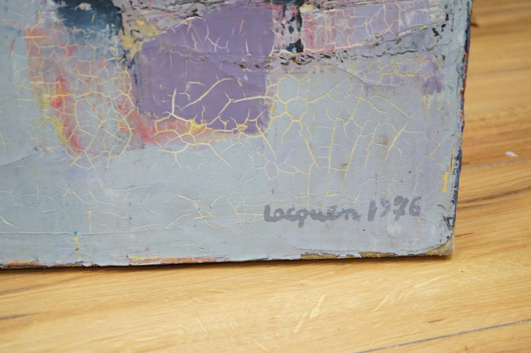 Modern British, oil on canvas, Abstract, signed Locquen and dated 1976, 80 x 40cm, unframed
